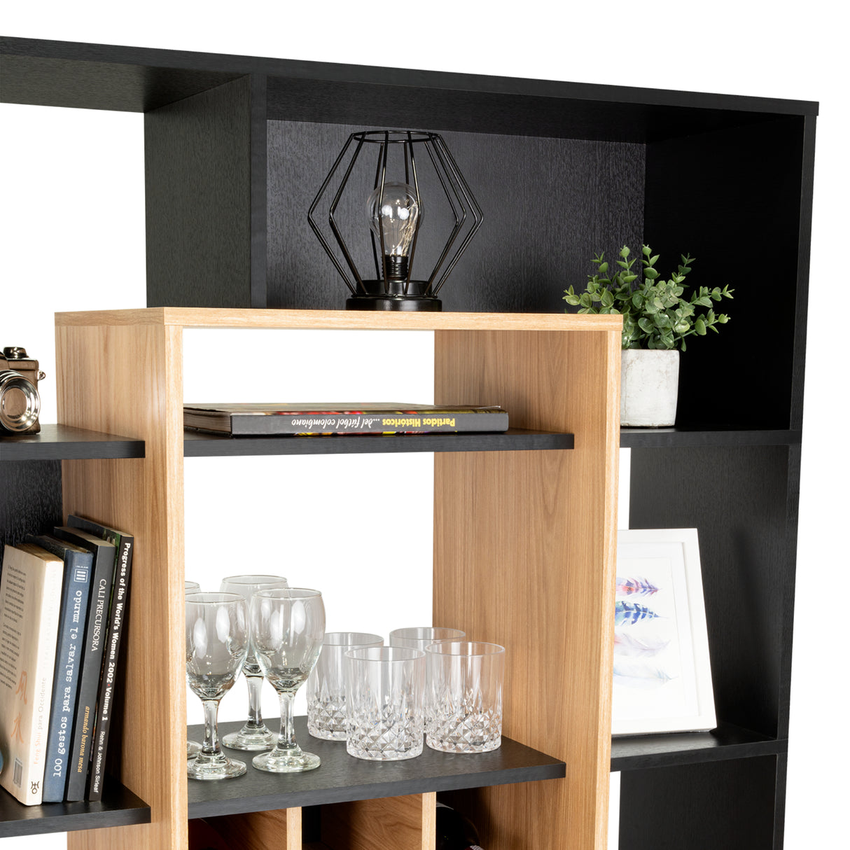 Biblioteca Asimétrica Simba Wengue Fresno 128x180.1cm con Quince Compartimientos y con Veintitrés Entrepaños - BIBLIOTECAS Y ESTANTERIAS | Bylmo