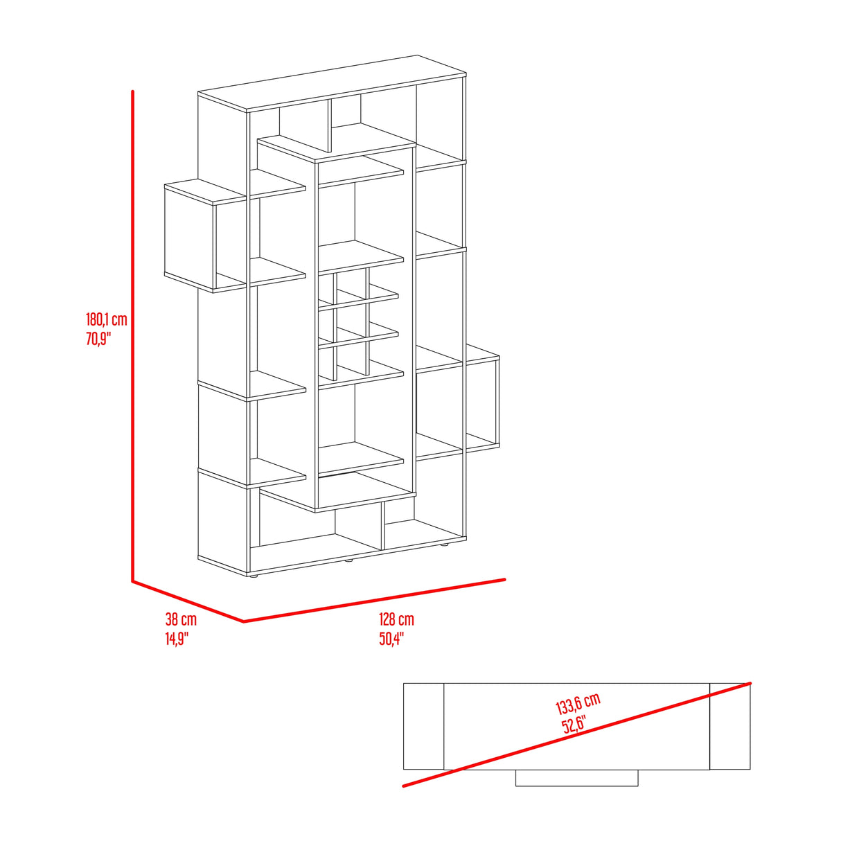 Biblioteca Asimétrica Simba Wengue Fresno 128x180.1cm con Quince Compartimientos y con Veintitrés Entrepaños - BIBLIOTECAS Y ESTANTERIAS | Bylmo