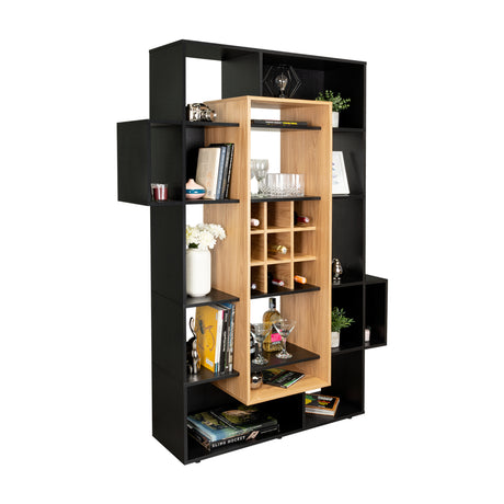 Biblioteca Asimétrica Simba Wengue Fresno 128x180.1cm con Quince Compartimientos y con Veintitrés Entrepaños - BIBLIOTECAS Y ESTANTERIAS | Bylmo