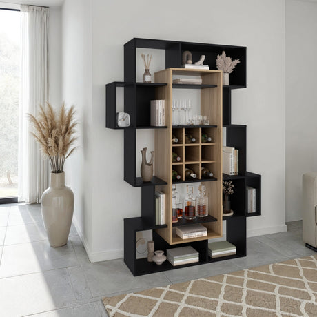 Biblioteca Asimétrica Simba Wengue Fresno 128x180.1cm con Quince Compartimientos y con Veintitrés Entrepaños - BIBLIOTECAS Y ESTANTERIAS | Bylmo