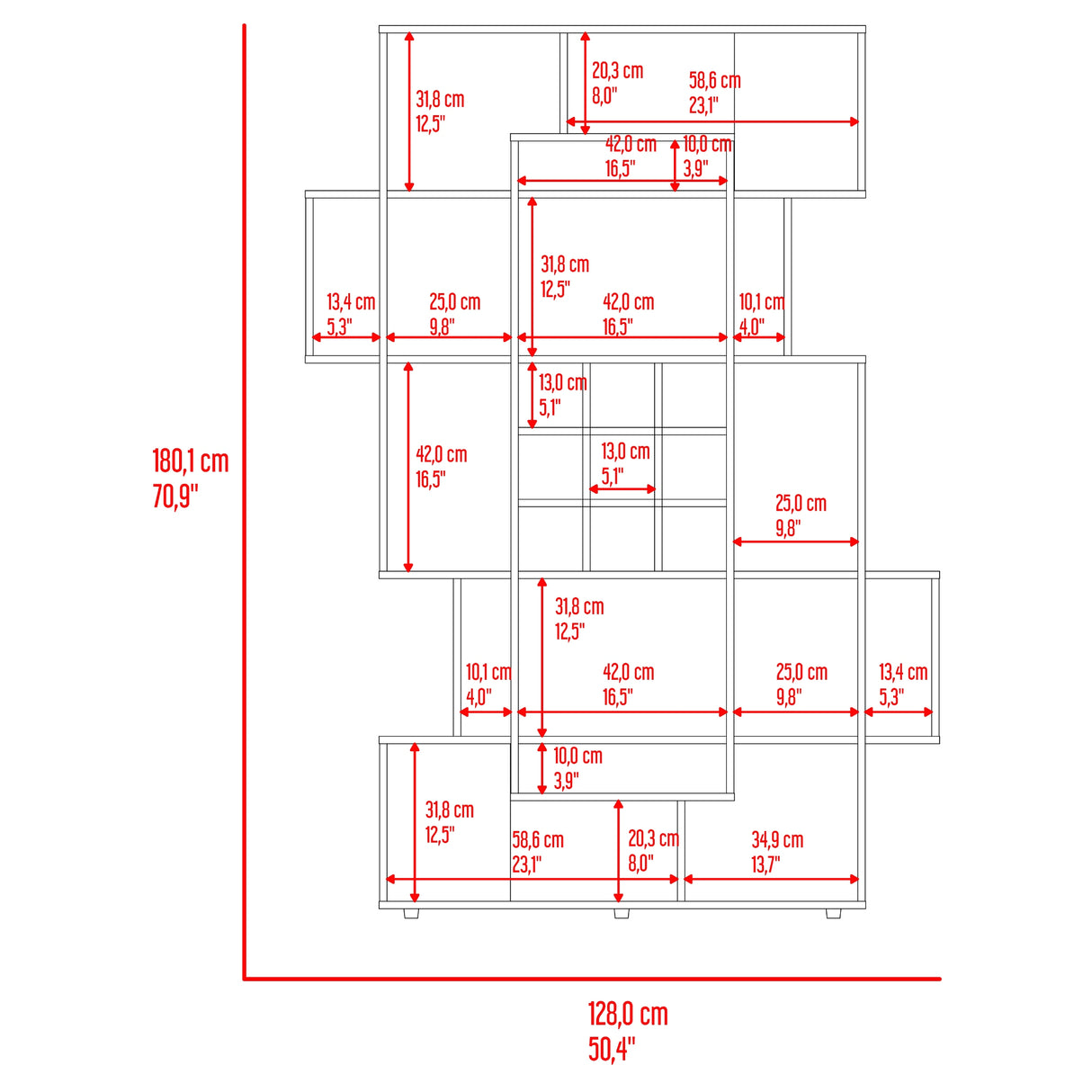 Biblioteca Asimétrica Simba Wengue Fresno 128x180.1cm con Quince Compartimientos y con Veintitrés Entrepaños - BIBLIOTECAS Y ESTANTERIAS | Bylmo