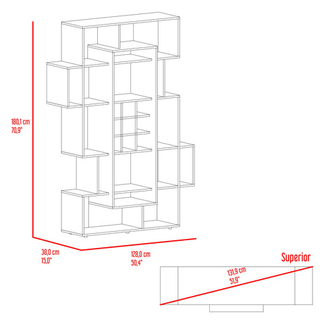 Biblioteca Asimétrica Simba Wengue Fresno 128x180.1cm con Quince Compartimientos y con Veintitrés Entrepaños - BIBLIOTECAS Y ESTANTERIAS | Bylmo