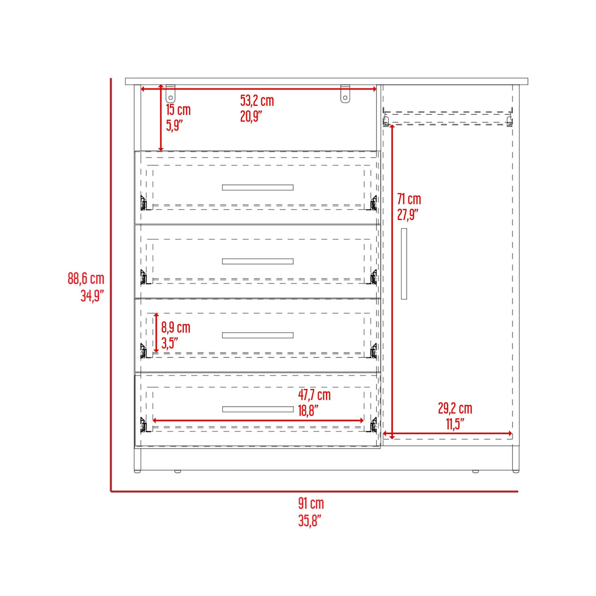 Cómoda Peru Blanco 91x88.6cm con Cuatro Cajones - CAJONERAS Y COMODAS | Bylmo
