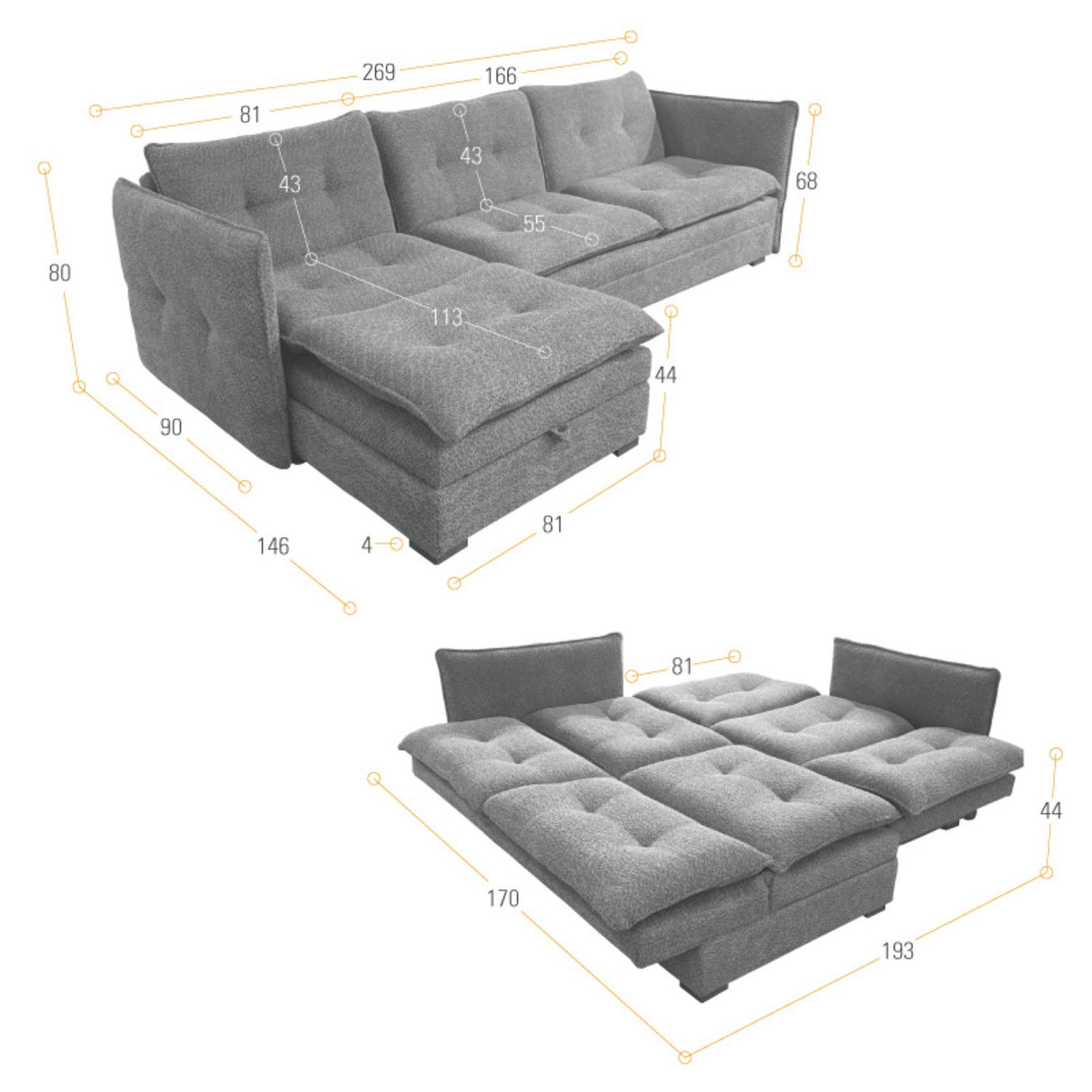 Sofá en L Napoles Trigo 166x80cm de Tres Puestos Reclinable con Almacenamiento Lado Derecho y con Apoya Brazos - SOFAS Y POLTRONAS | Bylmo