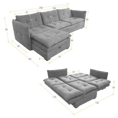 Sofá en L Napoles Gris 166x80cm de Tres Puestos Reclinable con Almacenamiento Lado Derecho y con Apoya Brazos - SOFAS Y POLTRONAS | Bylmo