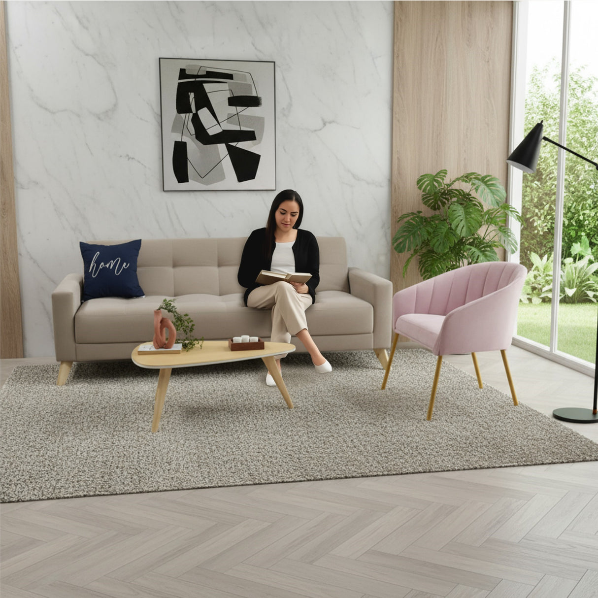 Sala Sahara Taupe y Rosa 206x82cm con Sofá Cama Reclinable Apoya Brazos Poltrona Misaki y Mesa de Centro Drop - SOFAS Y POLTRONAS | Bylmo