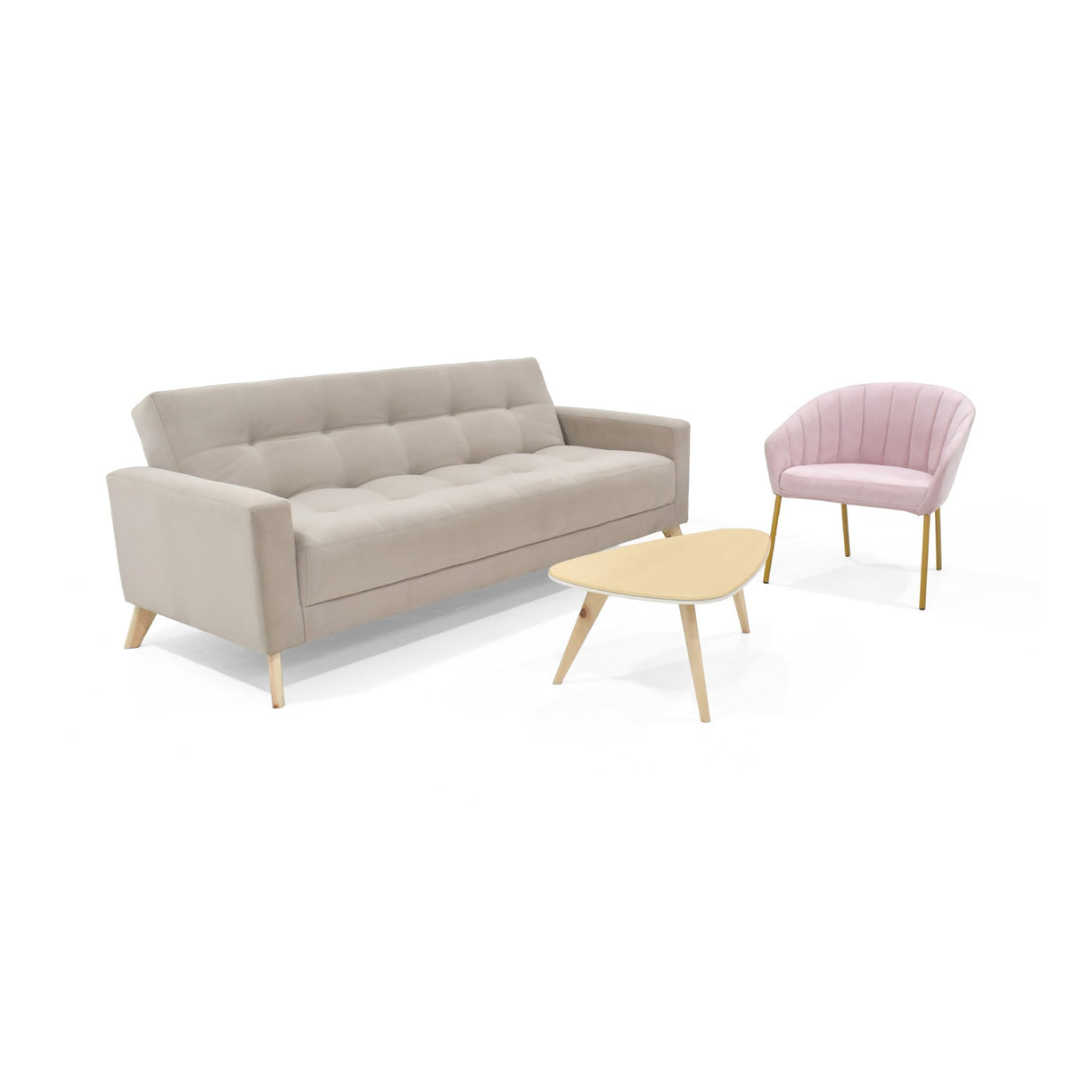 Sala Sahara Taupe y Rosa 206x82cm con Sofá Cama Reclinable Apoya Brazos Poltrona Misaki y Mesa de Centro Drop - SOFAS Y POLTRONAS | Bylmo