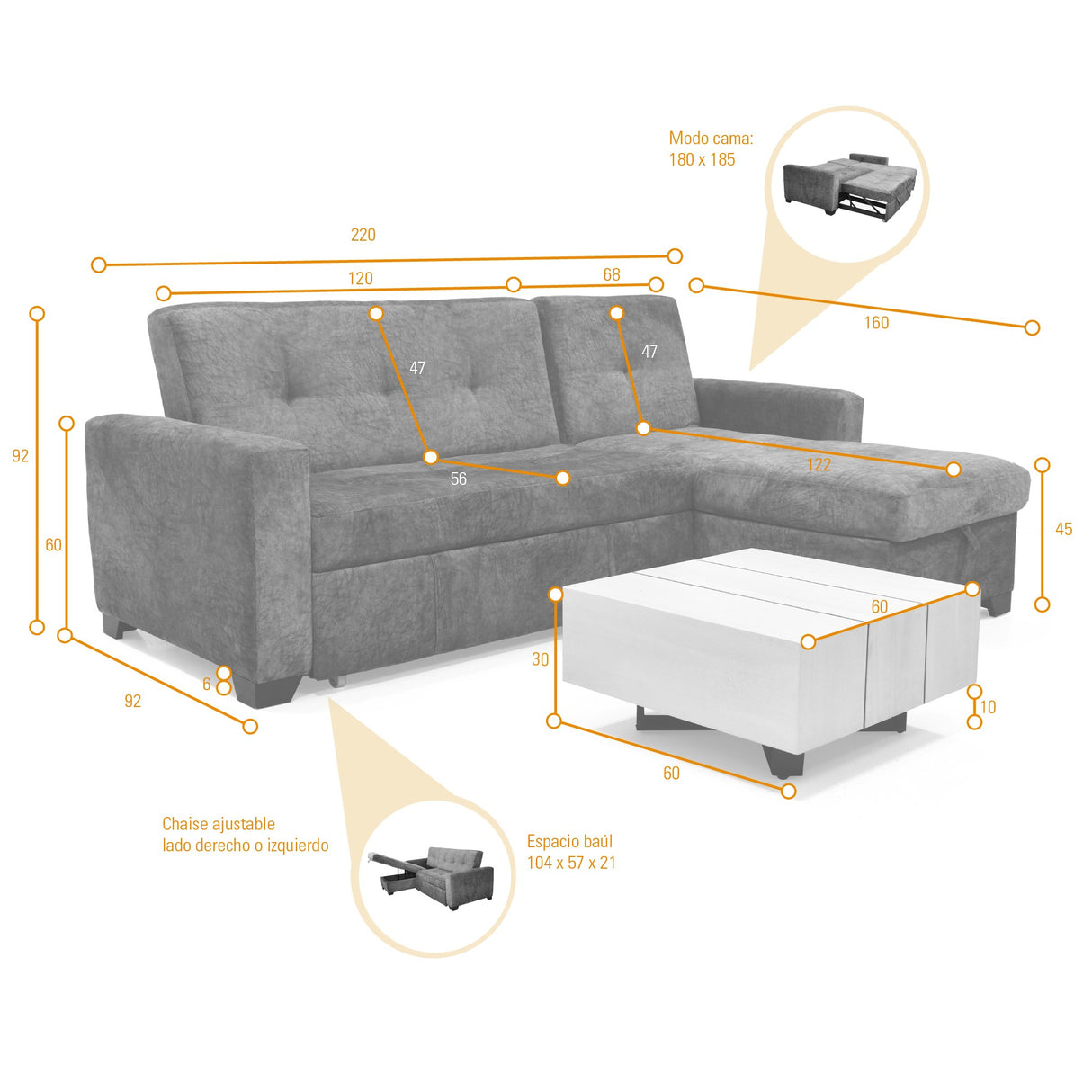 Sala Atlas Gris 120x92cm con Sofá Cama Reclinable con Apoya Brazos Almacenamiento Chaise Atlas y Mesa de Centro Veracruz - SOFAS Y POLTRONAS | Bylmo
