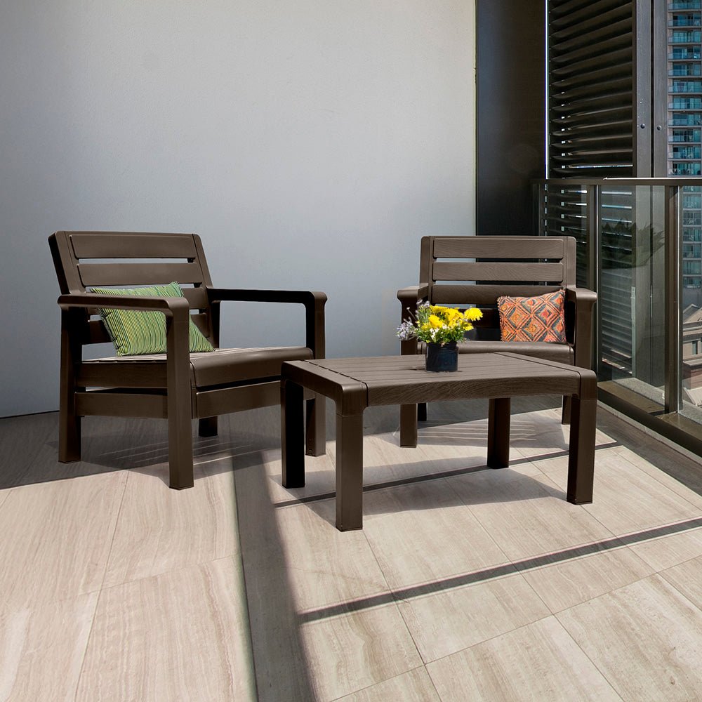 Combo Balcón Rimax Sillones con Mesa de Centro Wengue 74.6x74.6cm con Apoya Brazos y con Espaldar - SILLAS DE EXTERIOR | Bylmo