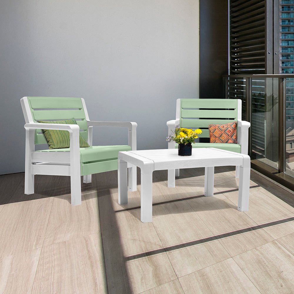 Combo Balcón Rimax Sillones con Mesa de Centro Verde Salvia 74.6x74.6cm con Apoya Brazos y con Espaldar - SILLAS DE EXTERIOR | Bylmo