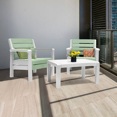 Combo Balcón Rimax Sillones con Mesa de Centro Verde Salvia 74.6x74.6cm con Apoya Brazos y con Espaldar - SILLAS DE EXTERIOR | Bylmo
