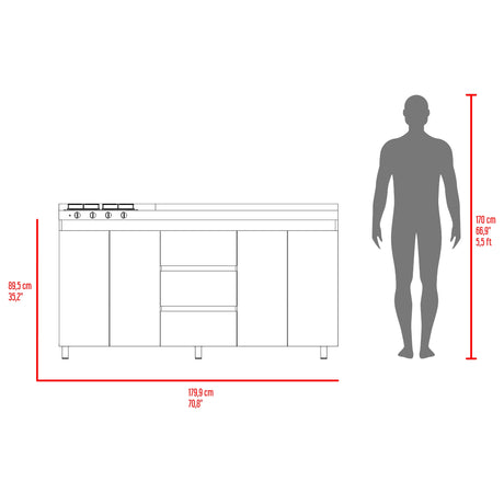 Mueble Inferior de Cocina Boreal Blanco Fresno 179.9x89.5cm con Meson de Acero Inoxidable Lado Derecho y con Estufa - MUEBLES INFERIORES DE COCINA | Bylmo