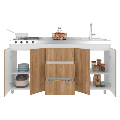 Mueble Inferior de Cocina Boreal Blanco Fresno 179.9x89.5cm con Meson de Acero Inoxidable Lado Derecho y con Estufa - MUEBLES INFERIORES DE COCINA | Bylmo