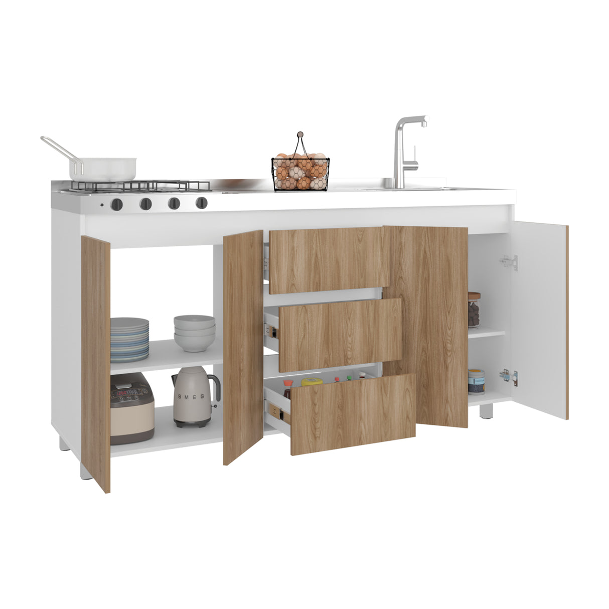 Mueble Inferior de Cocina Boreal Blanco Fresno 179.9x89.5cm con Meson de Acero Inoxidable Lado Derecho y con Estufa - MUEBLES INFERIORES DE COCINA | Bylmo