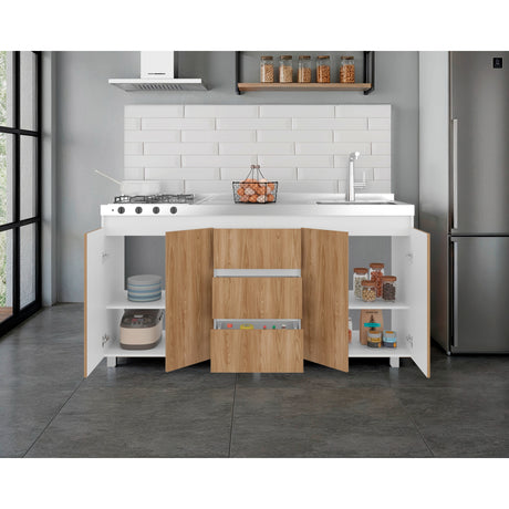 Mueble Inferior de Cocina Boreal Blanco Fresno 179.9x89.5cm con Meson de Acero Inoxidable Lado Derecho y con Estufa - MUEBLES INFERIORES DE COCINA | Bylmo