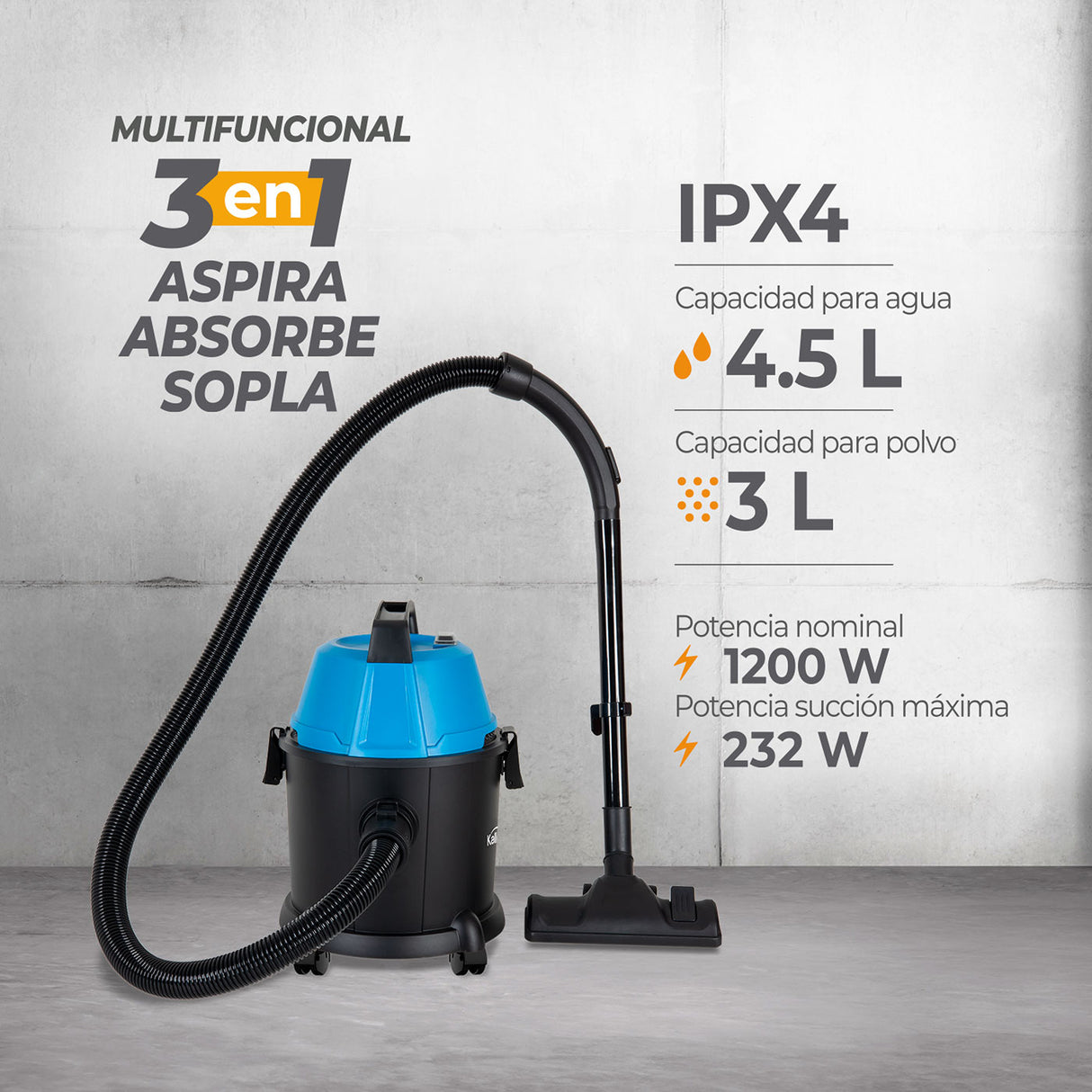 Aspiradora Kalley Negro y Azul 35.5x49cm con Depósito de 15 Litros - ASPIRADORAS | Bylmo