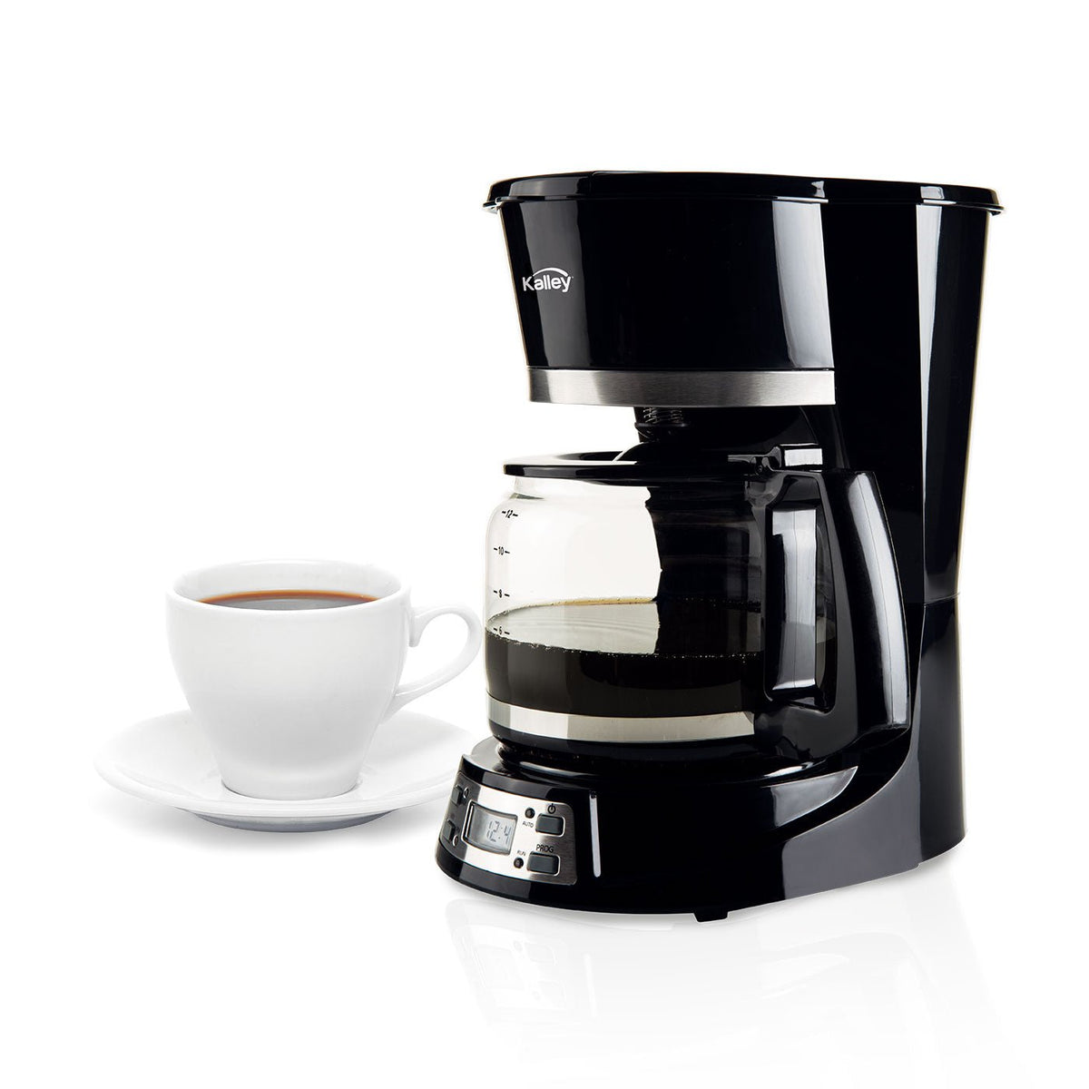 Cafetera Eléctrica Kalley Negro 27x29.5cm de Goteo Para 12 Tazas con Pantalla Digital y con Apagado Automático