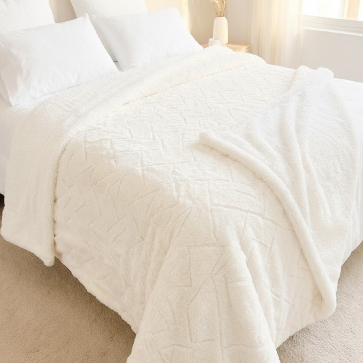 Cobija Ovejera Mellow Home Marfil 200x230cm Extrasuave de Lineas Verticales - COBIJAS Y MANTAS | Bylmo