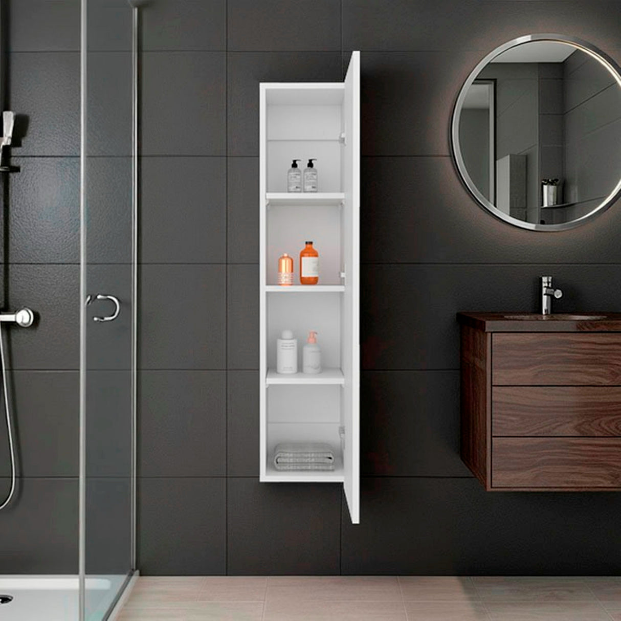 Gabinete de Baño Blanco 25x110cm Rectangular con Tres Entrepaños y con una Puerta