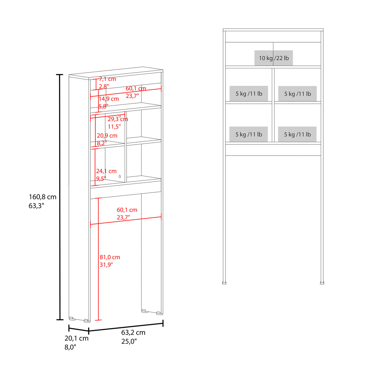 Ahorrador de Espacio para Baño Duo Avellana 63.2x160.8cm con Cuatro Entrepaños y con Patas