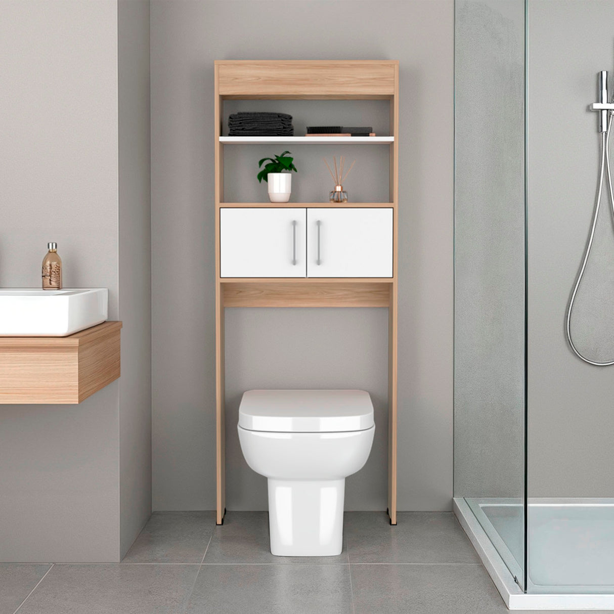 Optimizador de Baño BiColor Fresno y Blanco 62x160cm con Un Entrepaño - OTROS MUEBLES PARA BANHO | Bylmo