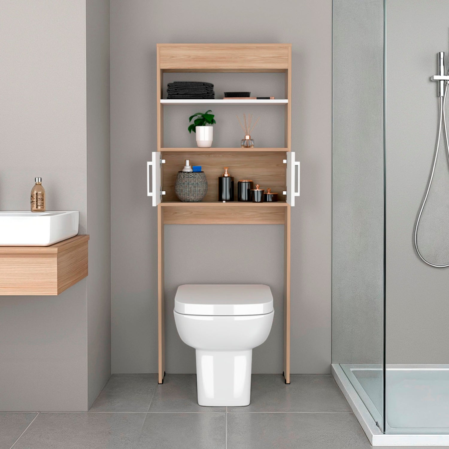 Optimizador de Baño BiColor Fresno y Blanco 62x160cm con Un Entrepaño - OTROS MUEBLES PARA BANHO | Bylmo