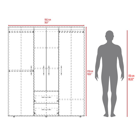 Closet Bariloche Eco Fresno y Blanco 150.3x177.9cm Con Dos Cajones y Cuatro Puertas - CLOSETS | Bylmo