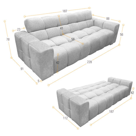 Sofá Cama Miami Indigo y Matiz Caoba 228x78cm De Tres Puestos Reclinable y Tapizado Capitoneado - SOFAS Y POLTRONAS | Bylmo