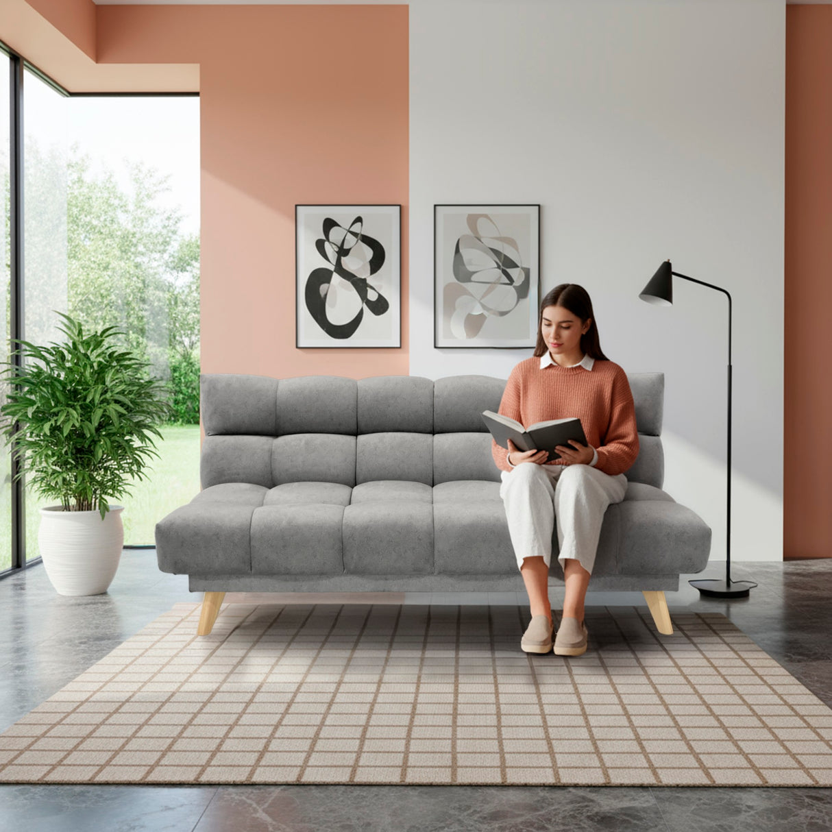 Sofá Cama Nubo Gris y Matiz Natural 178x82cm De Tres Puestos Reclinable y Tapizado Capitoneado - SOFAS Y POLTRONAS | Bylmo