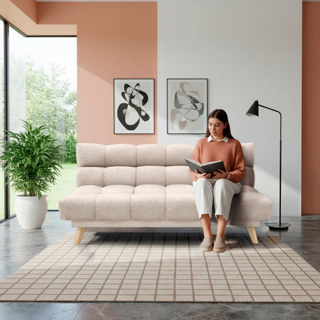 Sofá Cama Nubo Beige y Matiz Natural 178x82cm De Tres Puestos Reclinable y Tapizado Capitoneado - SOFAS Y POLTRONAS | Bylmo