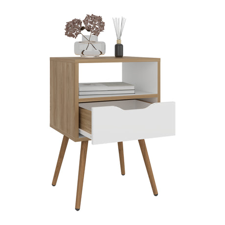 Mesa de Noche Otom Fresno y Blanco 40x63cm con Un Cajón y Un Compartimiento - MESAS DE NOCHE | Bylmo