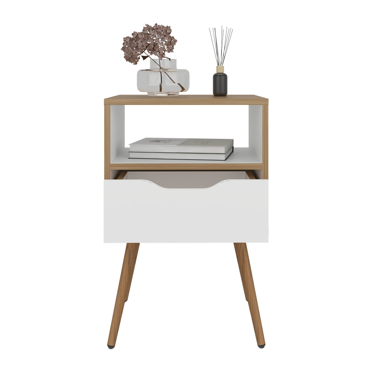 Mesa de Noche Otom Fresno y Blanco 40x63cm con Un Cajón y Un Compartimiento - MESAS DE NOCHE | Bylmo