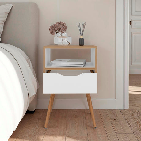 Mesa de Noche Otom Fresno y Blanco 40x63cm con Un Cajón y Un Compartimiento - MESAS DE NOCHE | Bylmo