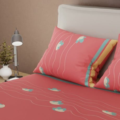 Juego de Sabanas Tulipanes entre líneas Salmón Para Cama Queen 160 X 190 Cm 180 Hilos de Flores - SABANAS | Bylmo