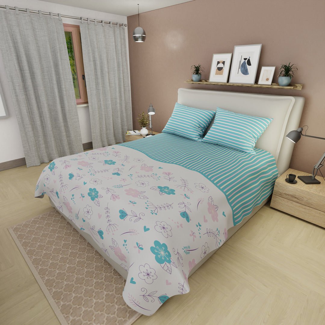 Juego de Sabanas Azul Para Cama Queen 160 X 190 Cm 180 Hilos de Flores - SABANAS | Bylmo