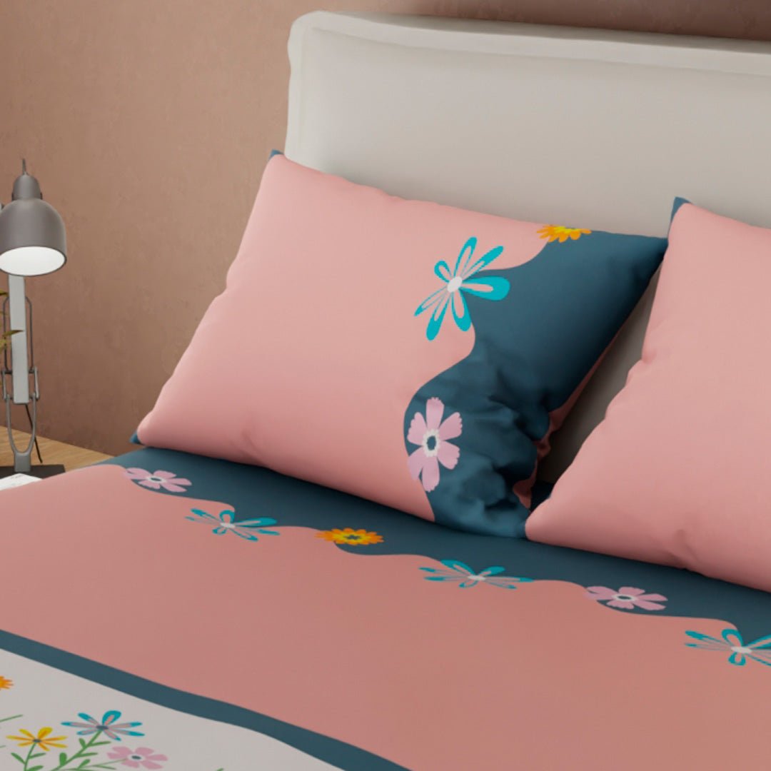 Juego de Sabanas Brisa de Primavera Azul y Rosado Para Cama Queen 160 X 190 Cm de Flores - SABANAS | Bylmo
