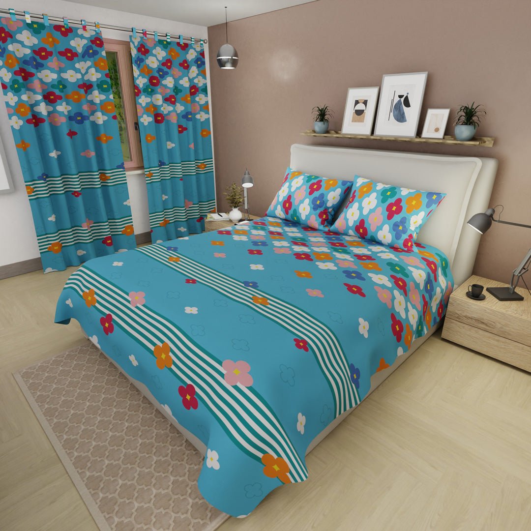Juego de Sabanas Fiesta Floral Azul y Multicolor Para Cama Sencilla 100 X 190 Cm de Flores Y Lineas - SABANAS | Bylmo