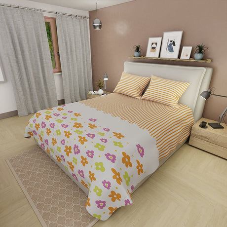 Juego de Sabanas Eco de Primavera Naranja y Blanco Para Cama Doble 140 X 190 Cm 180 Hilos de Flores - SABANAS | Bylmo