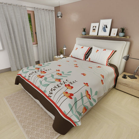 Juego de Sabanas Tulipanes entre Líneas Blanco y Café Para Cama Queen 160 X 190 Cm 180 Hilos de Hojas Y Flores - SABANAS | Bylmo