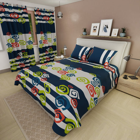 Juego de Sabanas Giros de Fantasía Blanco y Azul Oscuro Para Cama Queen 160 X 190 Cm de Espiral - SABANAS | Bylmo