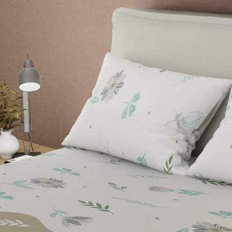 Juego de Sabanas Sueño Natural Blanco y Beige Para Cama Doble 140 X 190 Cm 180 Hilos de Hojas - SABANAS | Bylmo