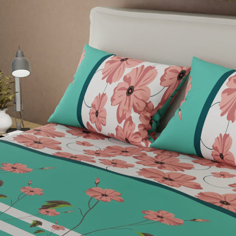 Juego de Sabanas Primavera Verde y Rosado Para Cama Doble 140 X 190 Cm de Flores - SABANAS | Bylmo