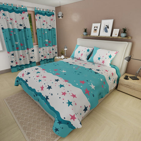 Juego de Sabanas Universo Turquesa y Blanco Para Cama Doble 140 X 190 Cm de Estrellas - SABANAS | Bylmo