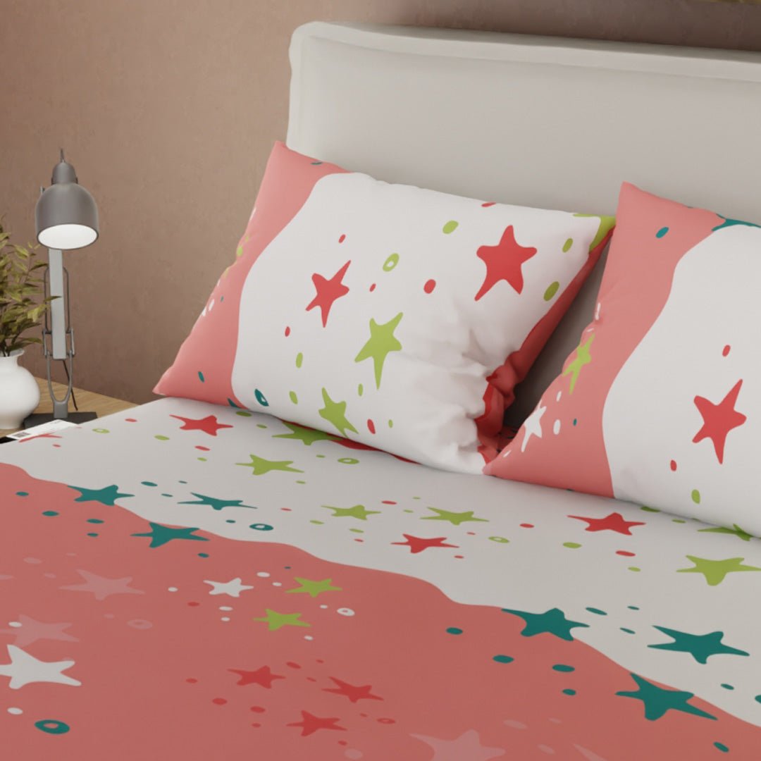 Juego de Sabanas Fiesta Estelar Salmón y Blanco Para Cama Doble 140 X 190 Cm de Estrellas - SABANAS | Bylmo