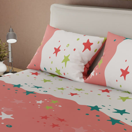 Juego de Sabanas Fiesta Estelar Salmón y Blanco Para Cama Doble 140 X 190 Cm de Estrellas - SABANAS | Bylmo
