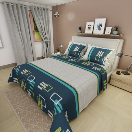 Juego de Sabanas Style 4 Gris y Azul Oscuro Para Cama King 200 X 200 Cm de Cuadrados Con Lineas - SABANAS | Bylmo