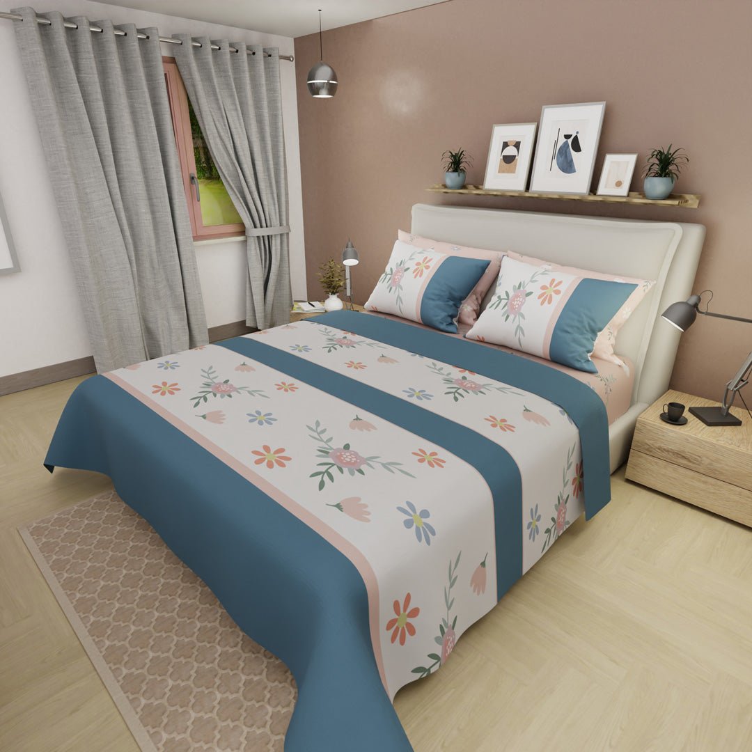 Juego de Sabanas Style 4 Azul y Blanco Para Cama King 200 X 200 Cm de Hojas Y Flores - SABANAS | Bylmo