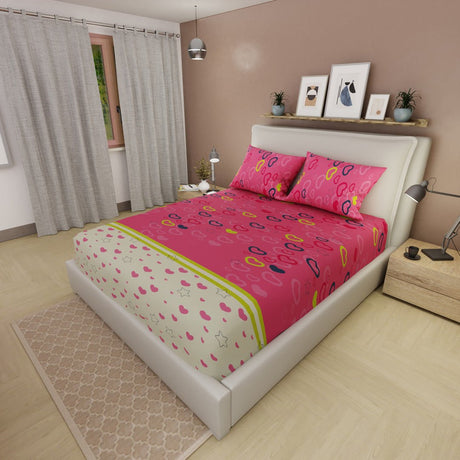 Sábana Ajustable Explosión de Amor Rosado y Blanco para Cama Doble 140 X 190 Cm Estrellas Y Corazones - SABANAS | Bylmo