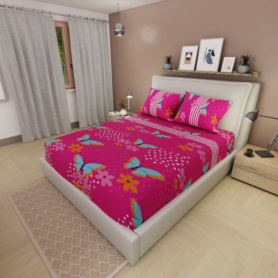 Sábana Ajustable Sueños Glow Fucsia para Cama Doble 140 X 190 Cm Flores Y Mariposas - SABANAS | Bylmo