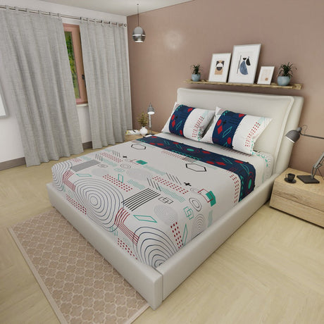 Sábana Ajustable Fusion Moderna Blanco Apagado y Azul para Cama Doble 140 X 190 Cm Figuras - SABANAS | Bylmo